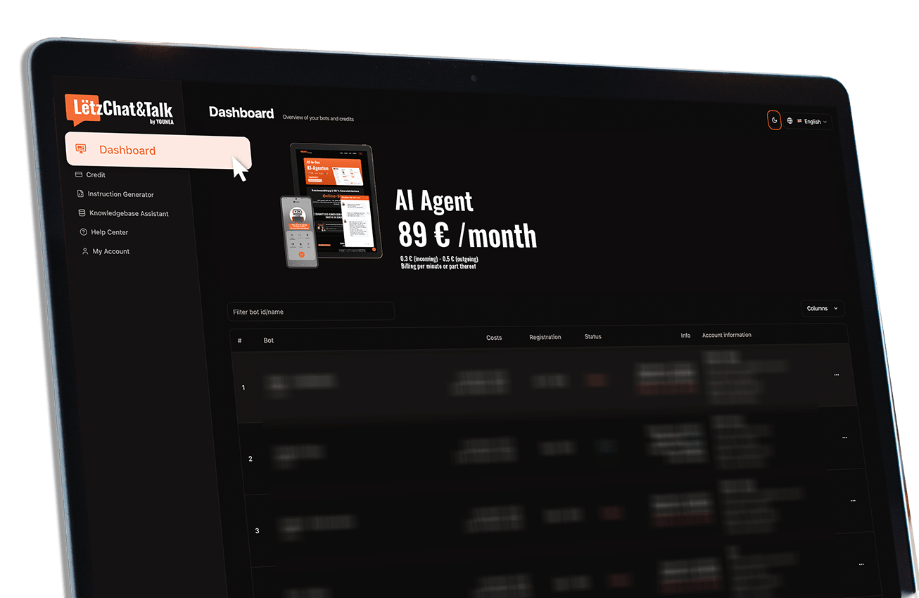 Mockup_Backend_English_darkmode YOUNEA KI-Agent Frontend Vorschau Bild