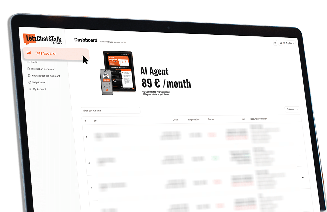 Mockup_Backend_English_lightmode YOUNEA KI-Agent Frontend Vorschau Bild